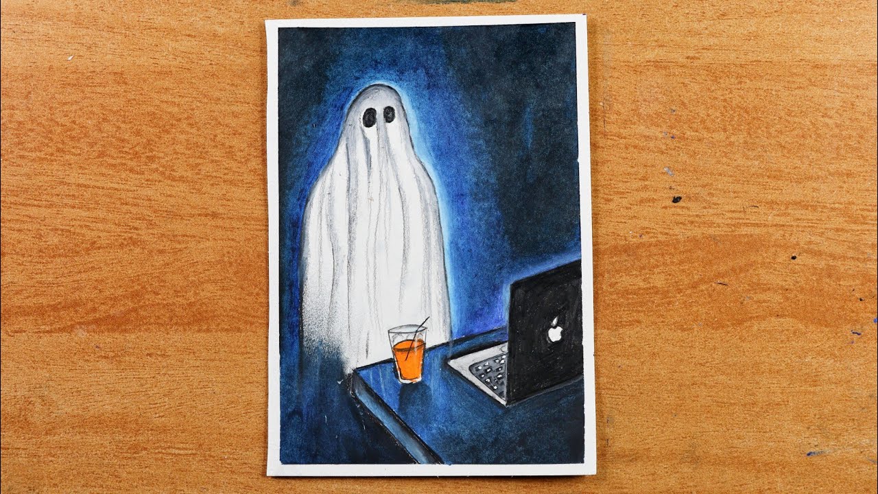 Ghost 👻 is online / Cute Halloween Drawing / Easy Oil pastel for beginners