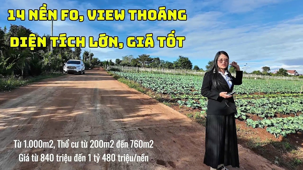 14 nền F0, Từ 1000m2, thổ cư từ 200m2 đến 760m2, giá từ 840 triệu đến 1 tỷ 480 triệu.