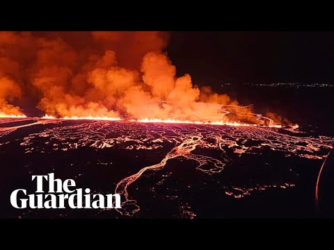 Aerial footage shows Icelandic volcano erupting