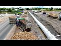 Full MIX First Step1 Building Foundation Huge Sewer Drain Pipe By Dozer & Trucks Spreading Gravel