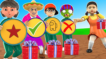 Squid Game (오징어 게임) vs Scary teacher 3D Trying Honeycomb Candy Shape Challenge in Open gift box Game