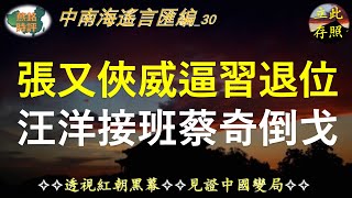 张又侠威逼习退位，挺汪洋接班；蔡奇倒戈投靠张又侠；王小洪陈一新高危；国级高官爆四中全会内幕；苗何支持邓江家族反习，邓家人马查习远平贪腐案。【#中南海遥言汇编-30】
