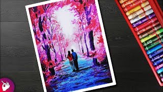 Autumn Season Scenery drawing for beginners with oil pastel - Couple walking under autumn trees