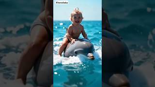 A Cute Baby Sitting On A Big Fish In Sea Dolphin