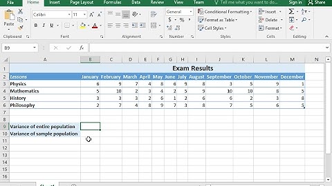 Use the VAR,VAR.S,VAR.P,VARP functions to calculate the variance of a cell range (Excel 2016