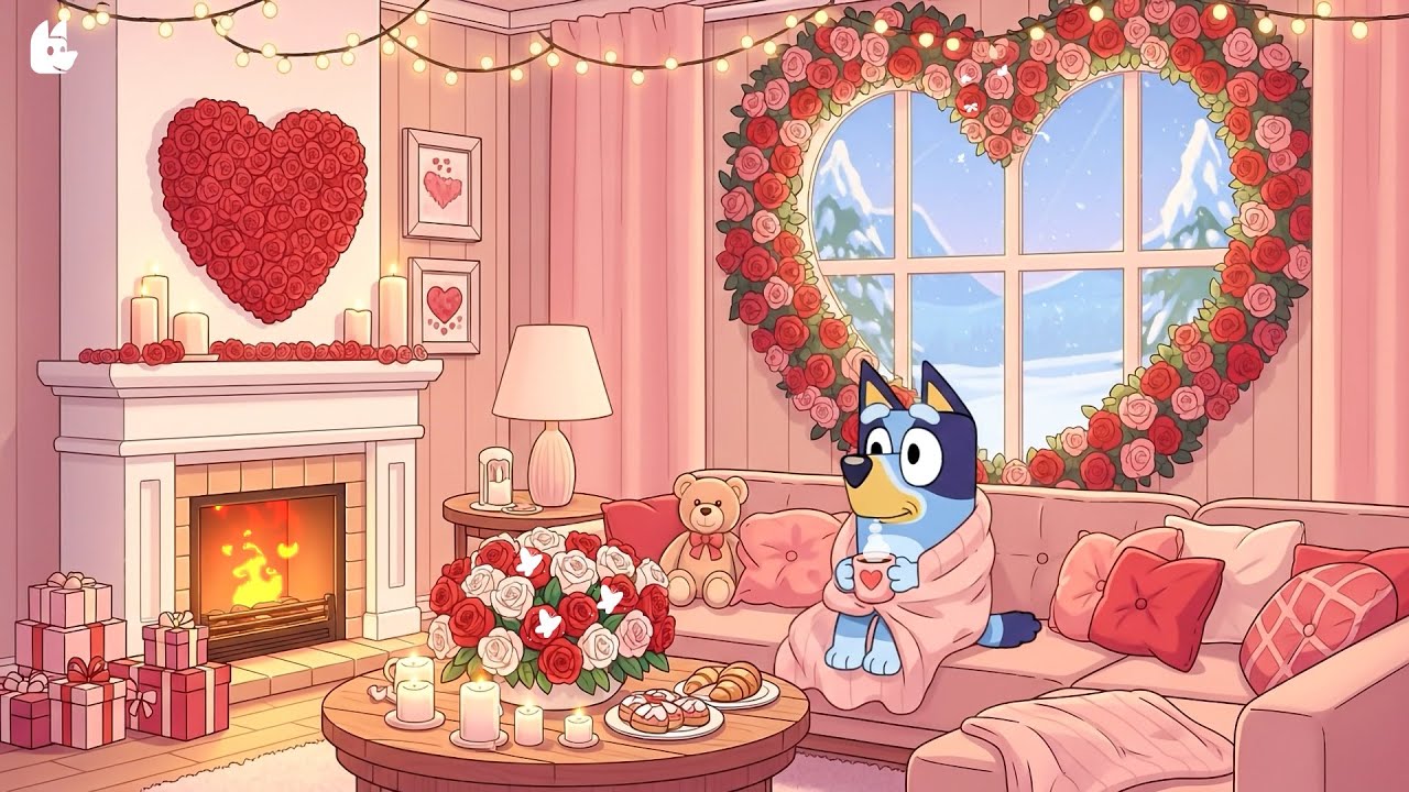 Bluey Valentine Cozy Fireplace 💖 Warm Romantic Living Room Vibes 🔥 Soft Lofi for Love & Relax