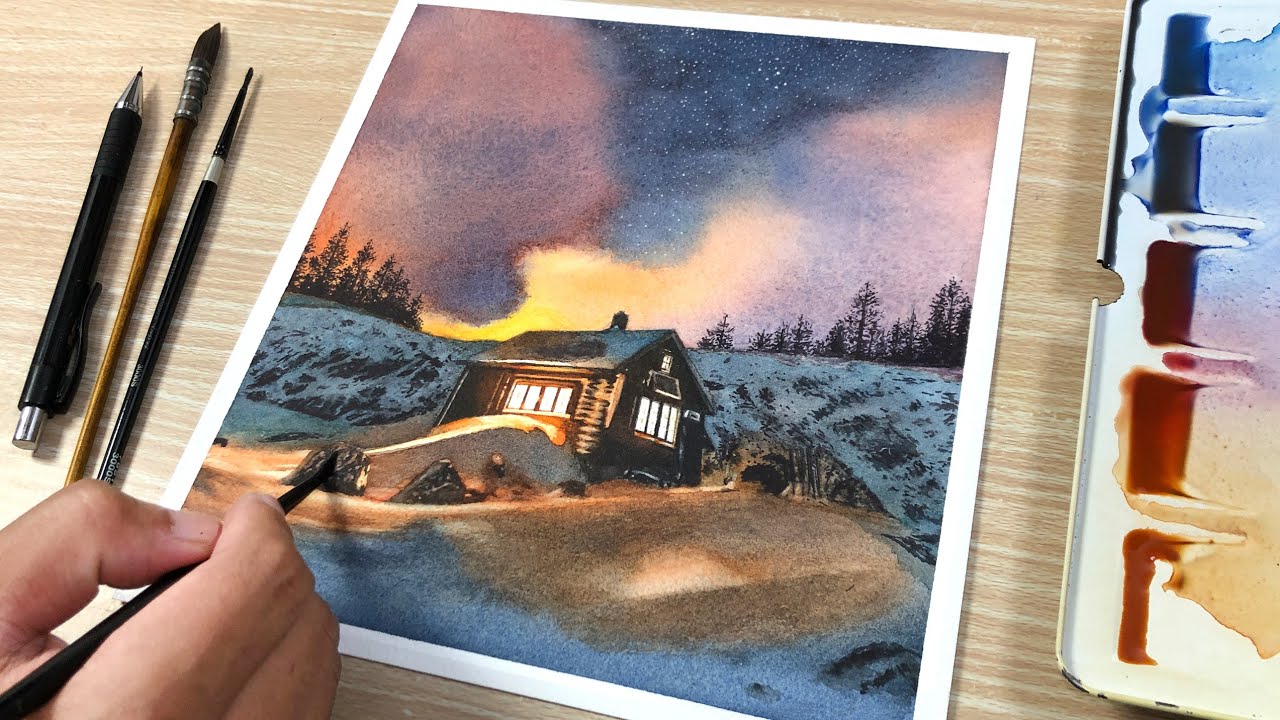 Cozy Winter Landscape in Watercolor Painting