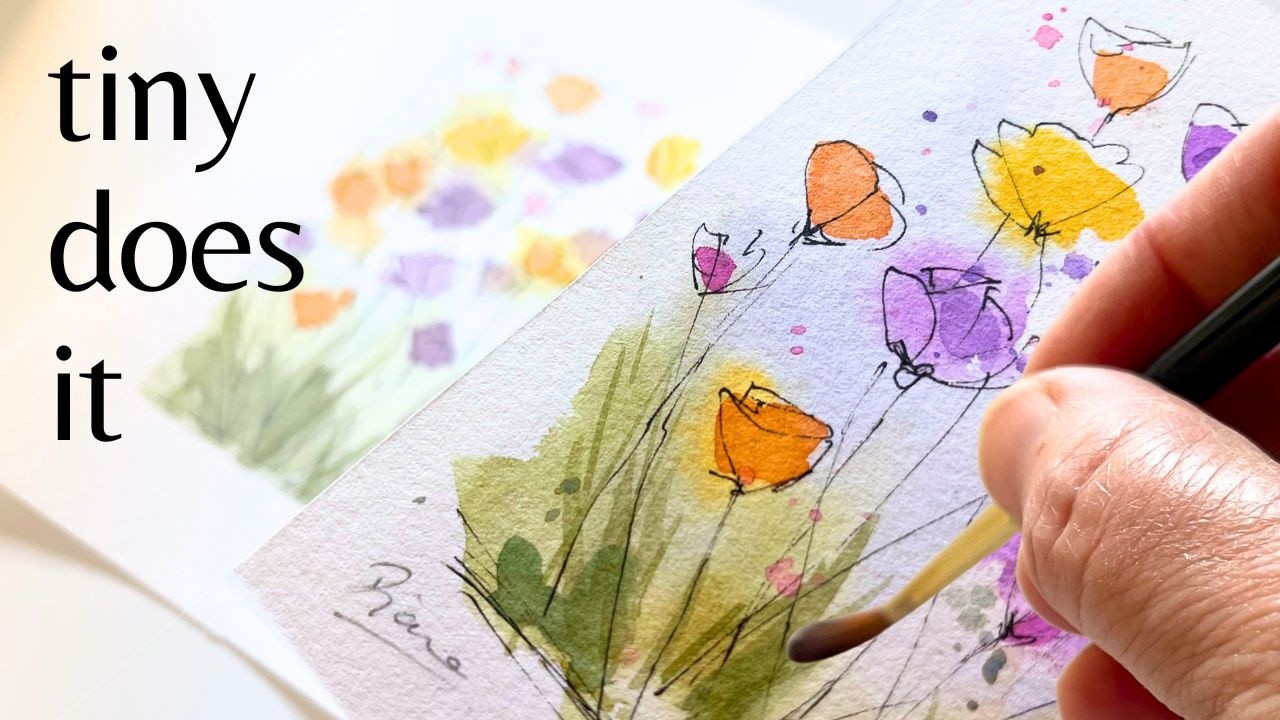 Tiny watercolor, tiny painting set and tiny flowers. Pure painting