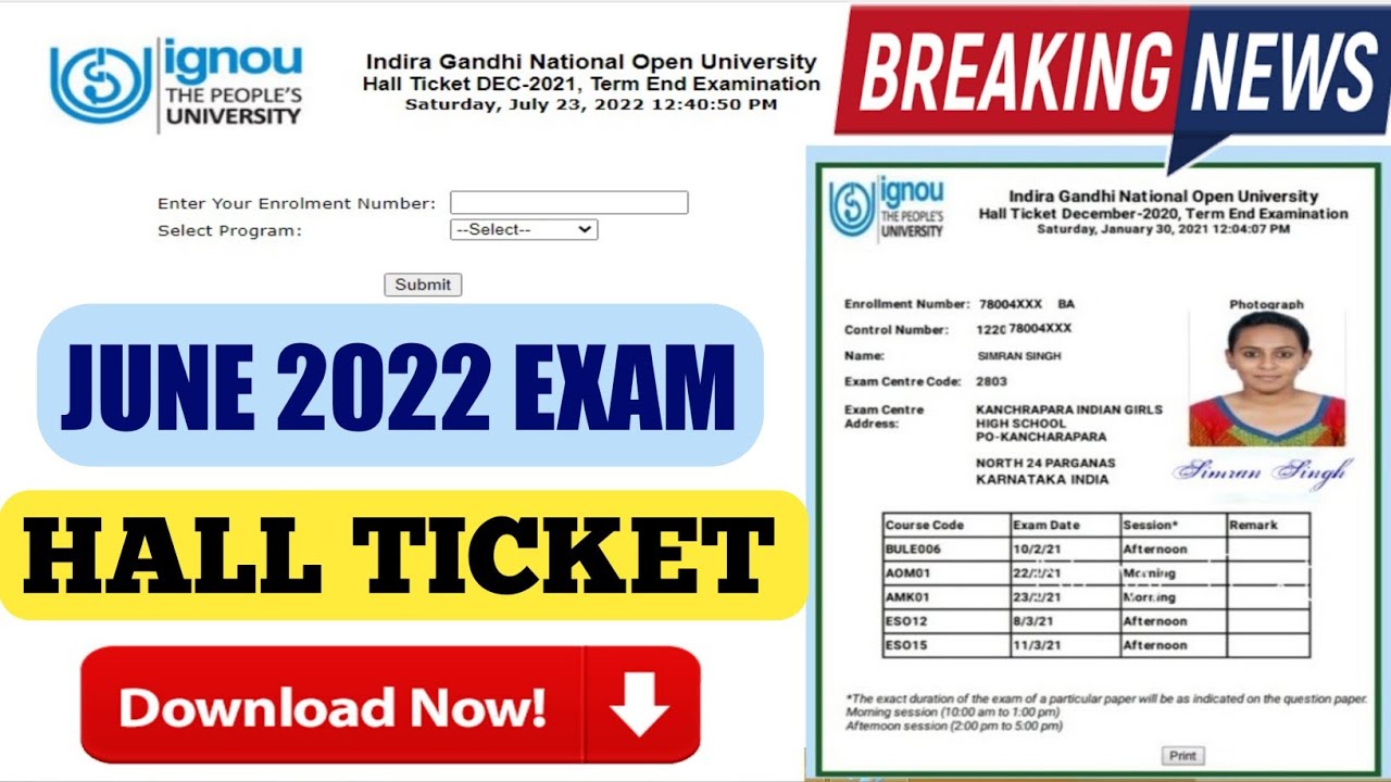 IGNOU Hall Ticket Released For June 2022 Exam For All Program