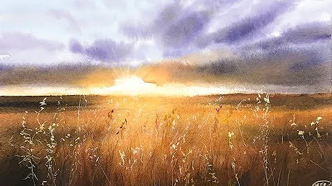 Landscape Painting Wheat Field in Watercolor