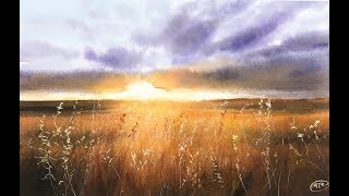 Landscape Painting Wheat Field in Watercolor