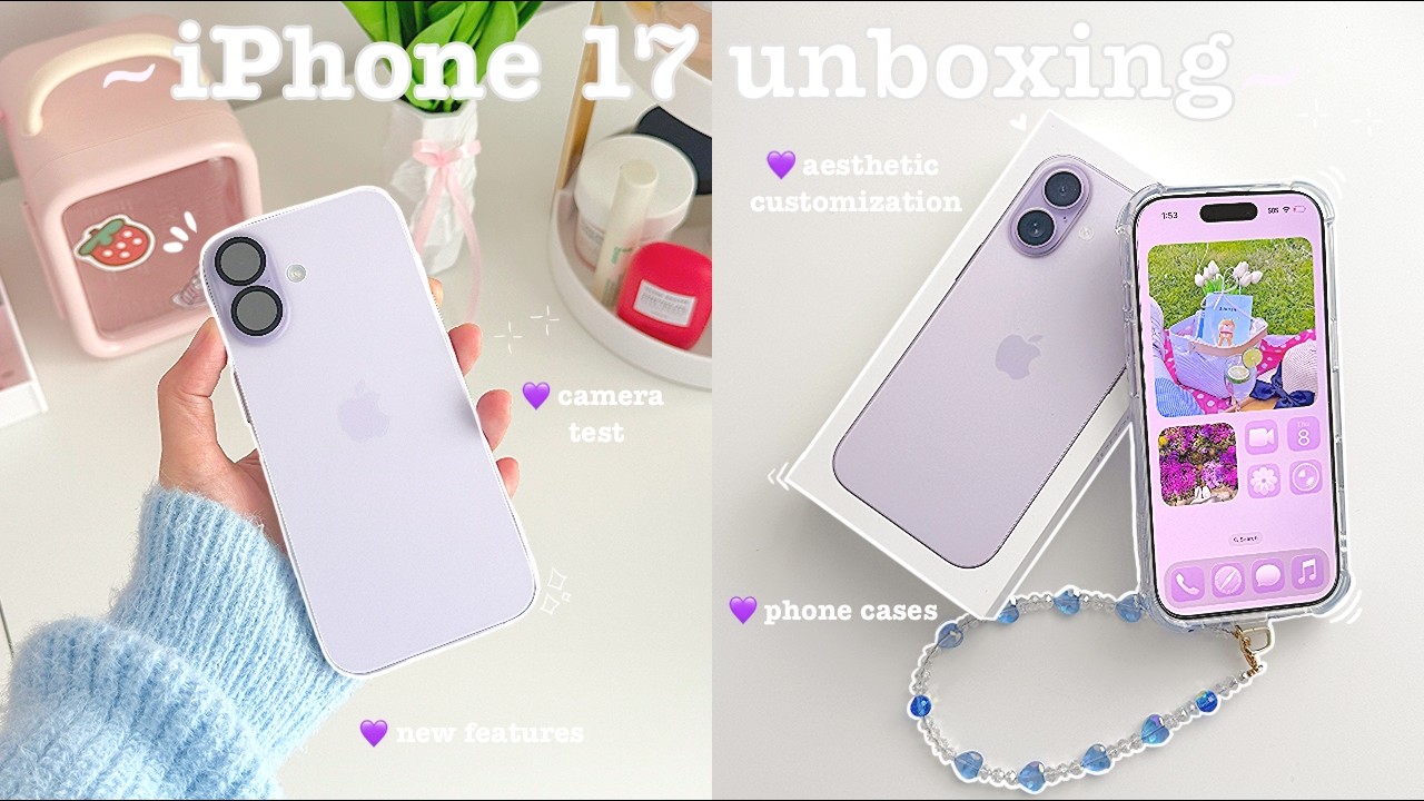 iPhone 17 lavender unboxing 💜 camera test, comparison with iPhone 16, customization, ft. GVIEWIN