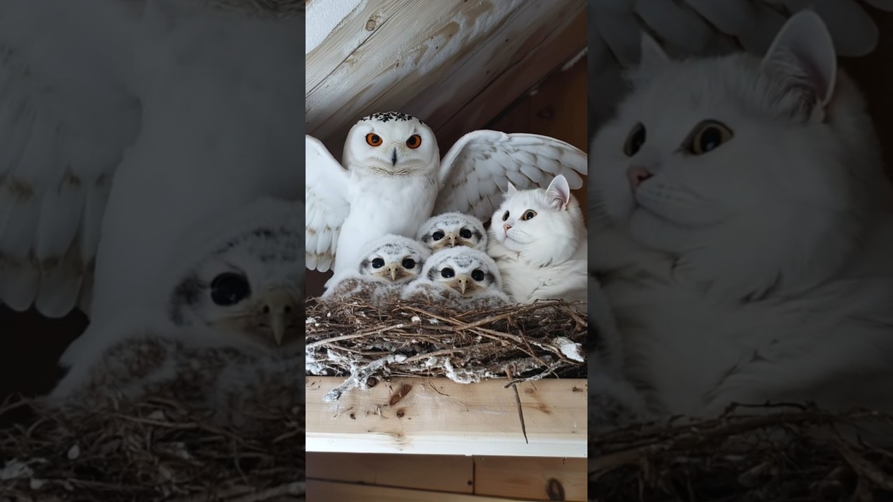 Cat and Owl Nest. Baby Owl in Nest with Kitten. Owl Nest with Cat. Funny owl and cat. 