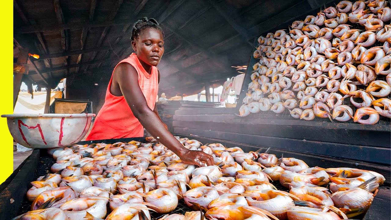 ¡Comiendo en el mercado de pescado más SALVAJE de África! ¡Fábrica de mariscos!