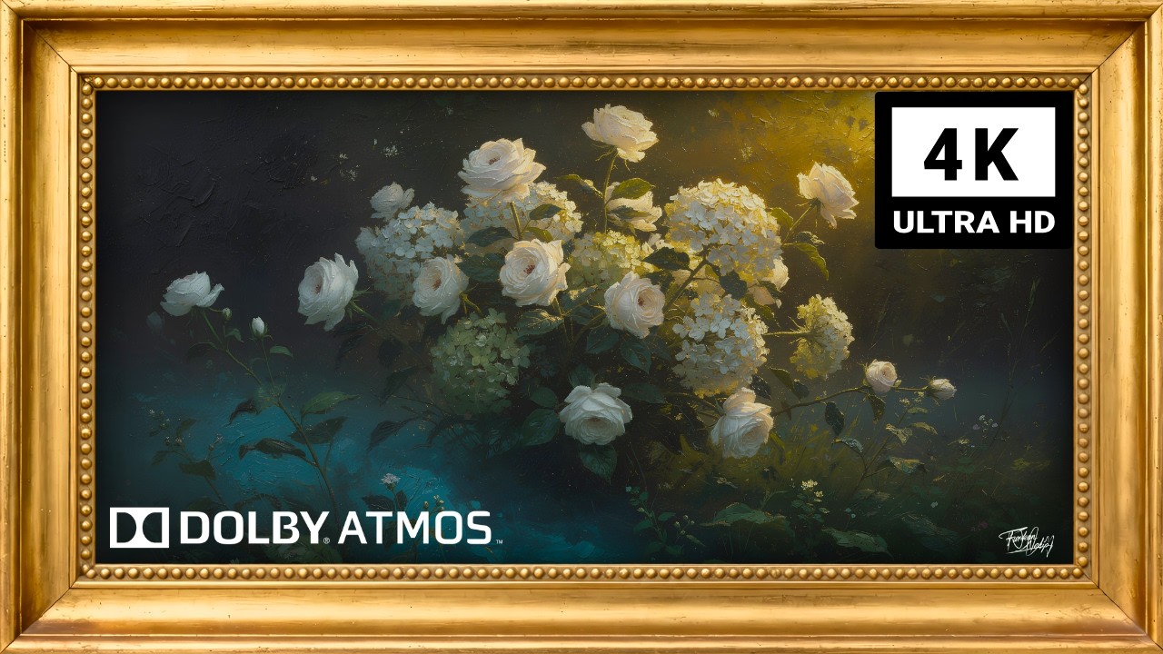 4K Moody White Roses 🌸 Frame TV Art | Yellow & Cyan Cinematic Light | Dark Floral Background