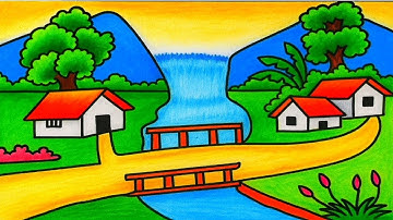How to Draw Beautiful Village Scenery with House, River, Trees & Mountains | Easy Drawing Tutorial