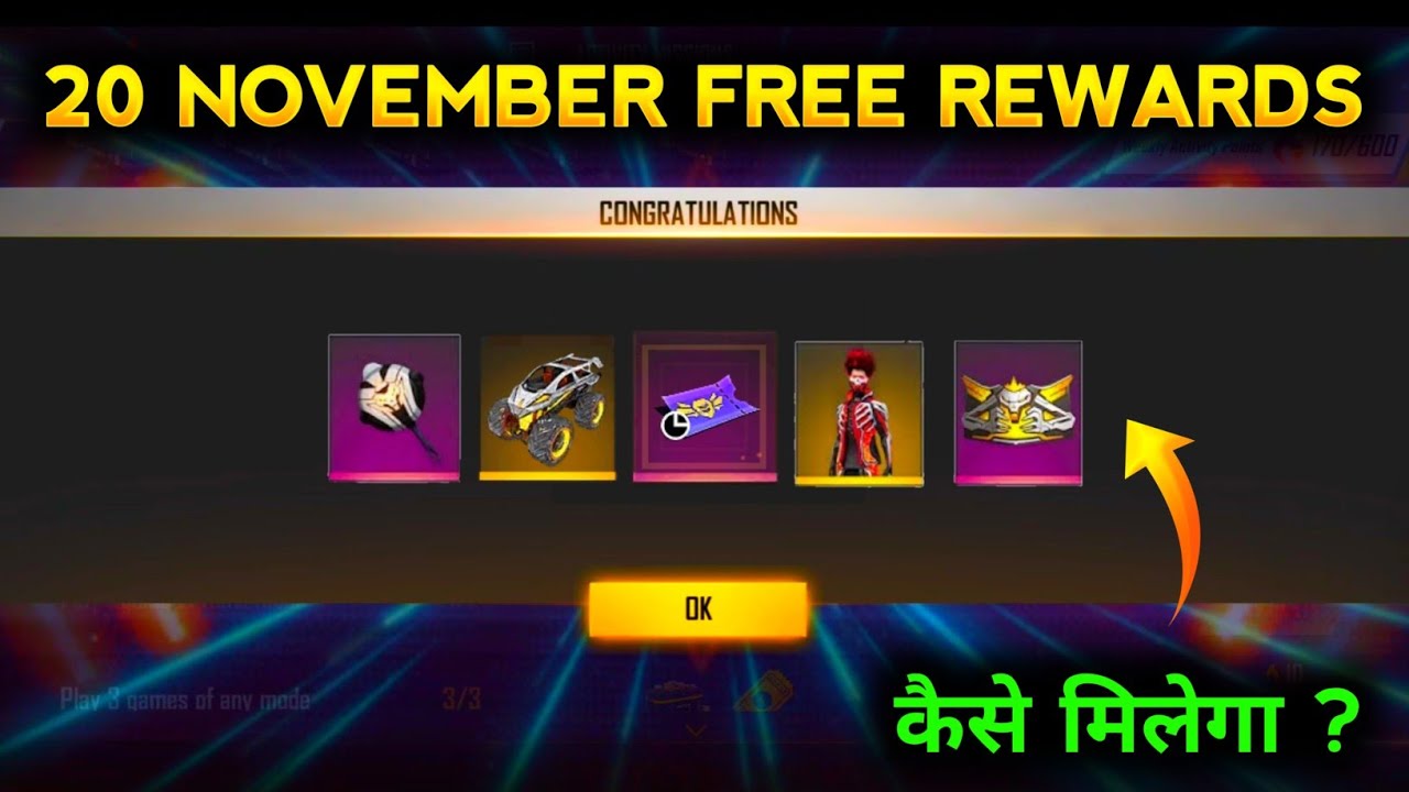 HOW TO GET 20 NOVEMBER FREE REWARDS IN FREE FIRE NEW EVENT FREE FIRE BOOYAH EMOTE KESE MELEGA