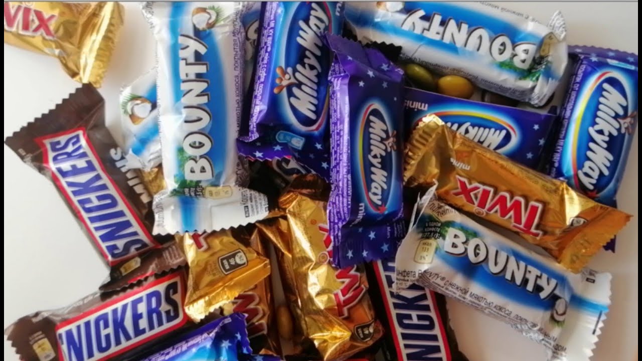 Bounty Snickers Twix Milky Way Unpacking Candies - YouTube