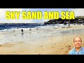 Sea and sand full watercolor step by step tutorial. Watercolour seascape lesson. Figures and rocks
