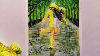 Easy Rainy season scenary drawing for beginners/ A girl