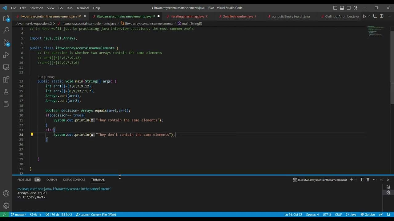 To check whether two arrays contain the same elements(IN JAVA) - YouTube