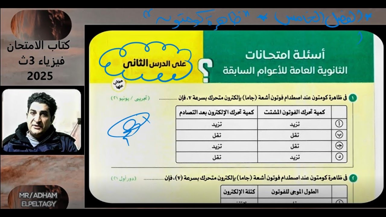 حل اسئله امتحانات الأعوام السابقه على الفصل الخامس كتاب الامتحان فيزياء 2025