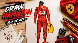 How to draw LEWIS HAMILTON racing driver F1 Ferrari screenshot 5