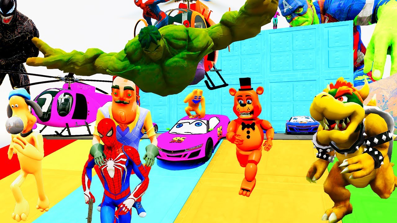 Người Nhện Chạy Xe Ô Tô Cùng Siêu Nhân Khổng Lồ! Superhero Batman, Blue Hulk Car Spider-man