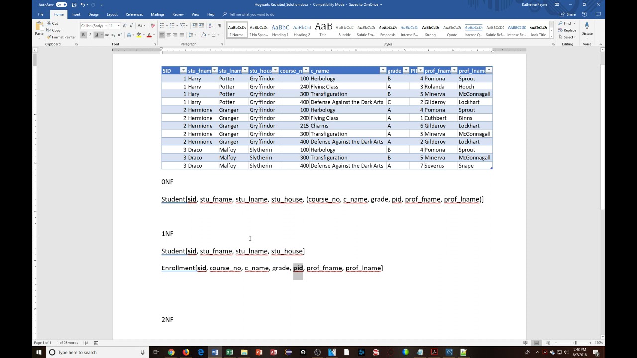 Database Theory: Hogwarts Normalization Example