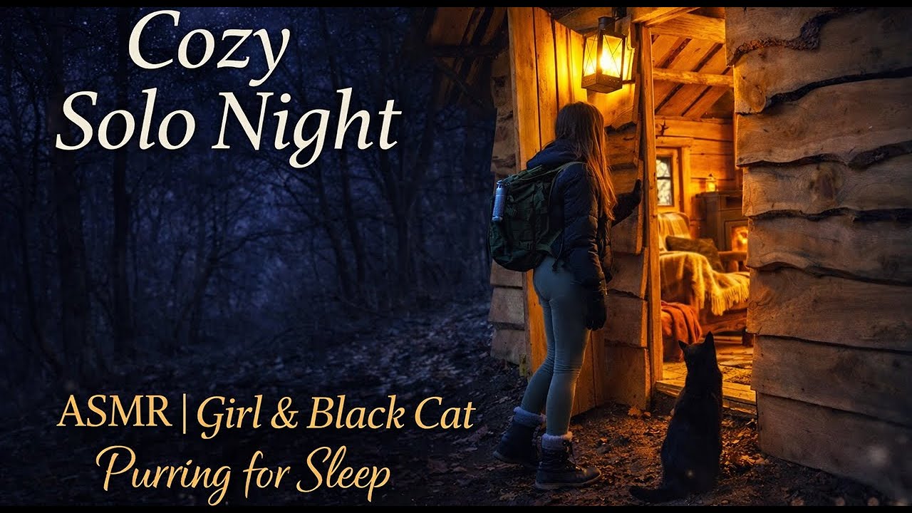 Cozy Solo Night in Log Cabin ASMR | Girl & Black Cat Purring for Sleep 