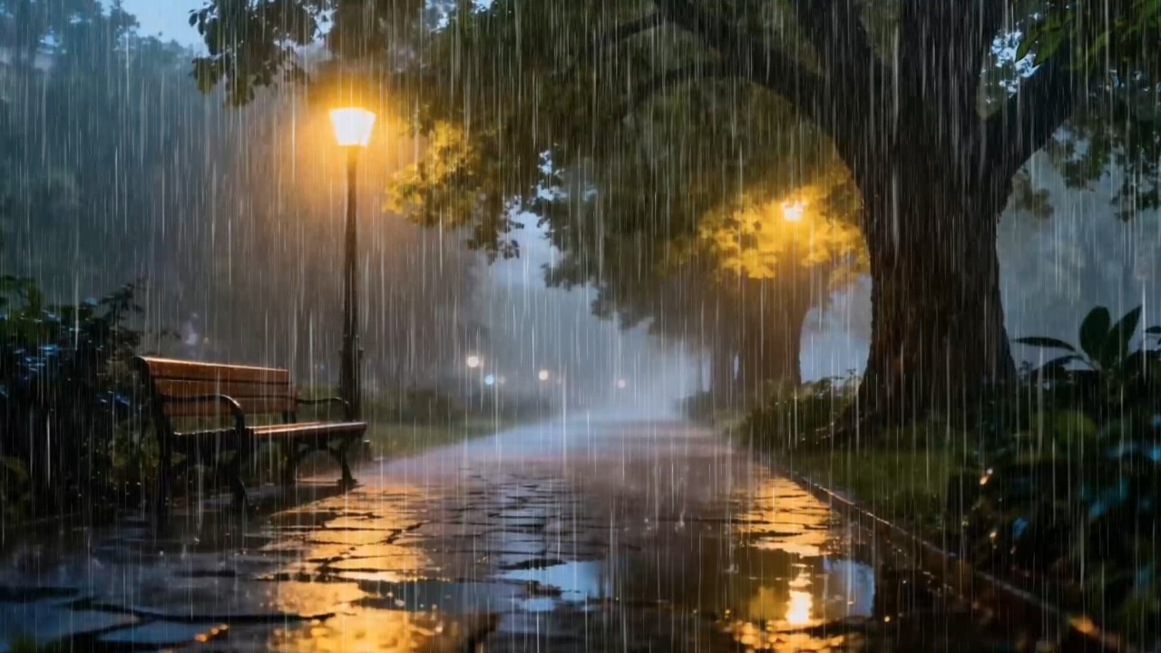 Heavy Rain Sounds at Night Over Quiet Urban Garden Street for Insomnia Relief | Cozy Chill Mood