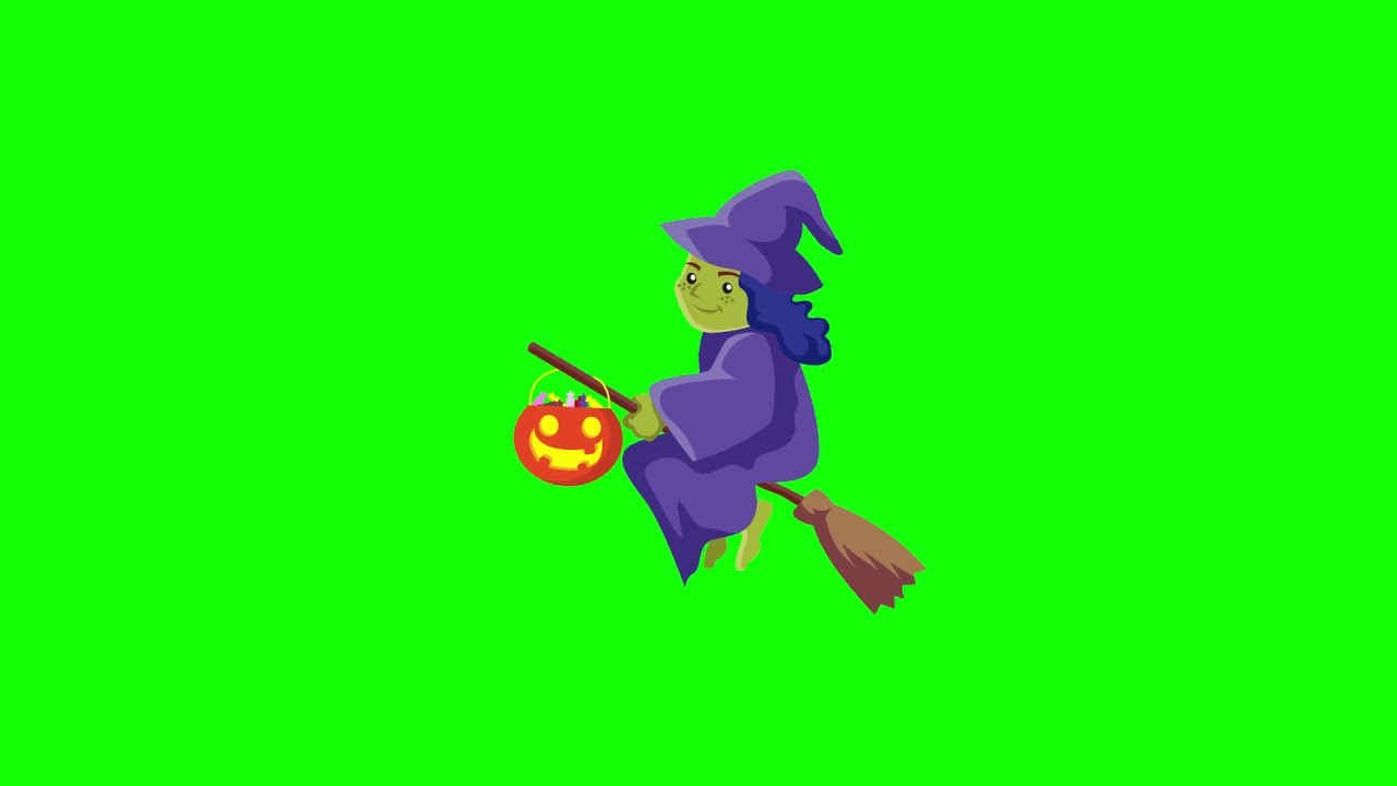 Witch footage on a broomstick for video editing on a green screen