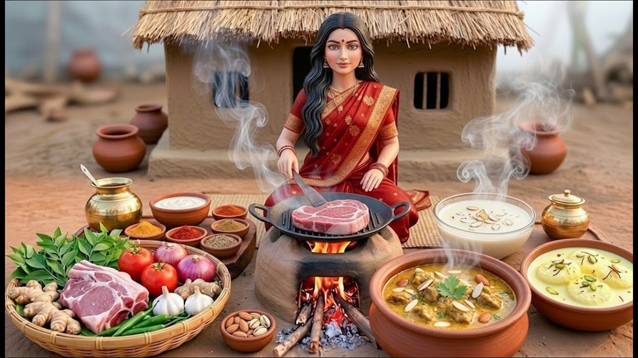 Mini Royal Lamb Korma ASMR 🍲 | Tiny Indian Village Cooking with Badam Soup & Rasmalai