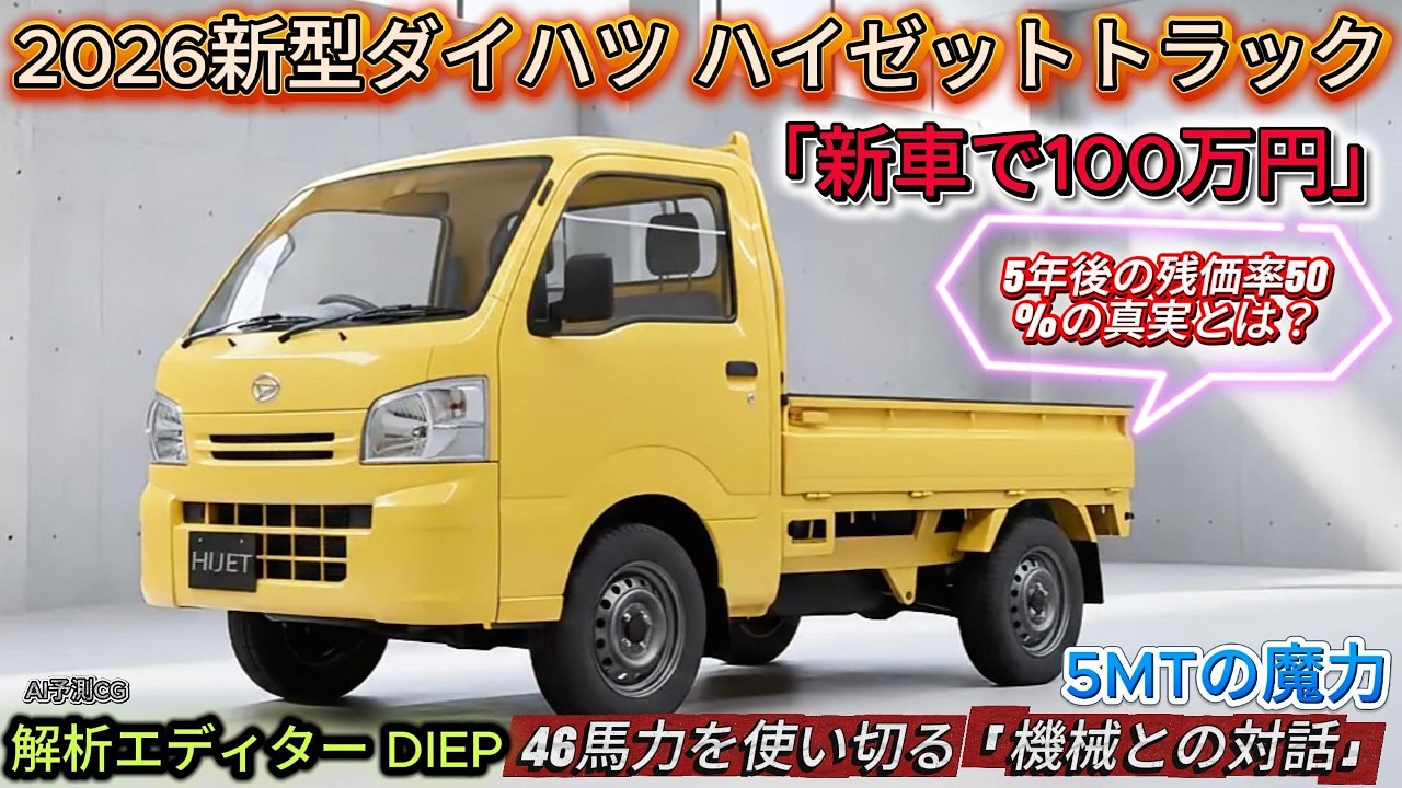 【100万円の衝撃】2026新型ダイハツ ハイゼットトラック: 5MTで操る機械との対話。5年後の残価率50%の真実とは？