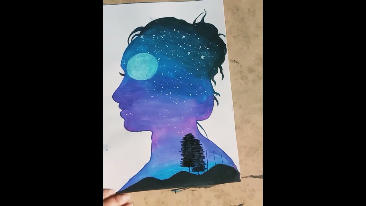 Double Exposure Girl /Scenery Painting / moonlight / Poster Colour
