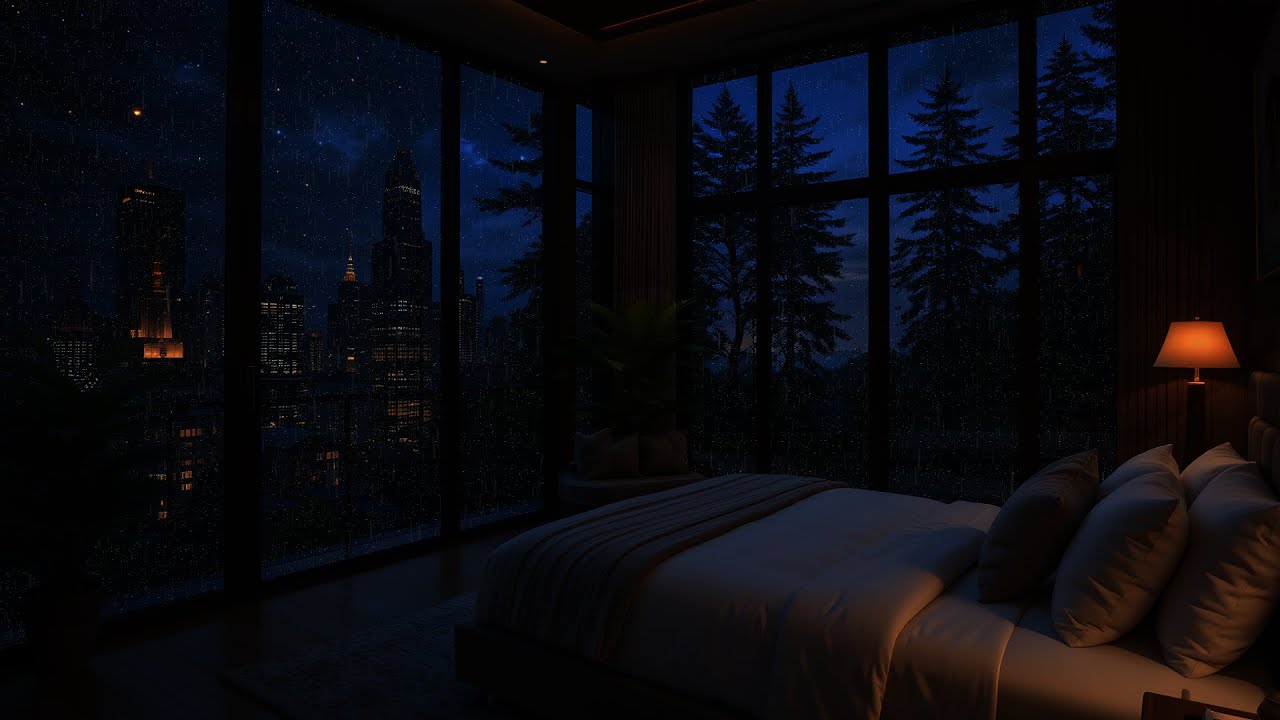 Cozy Night Rain in Luxury Bedroom | City & Forest View Ambience for Sleep, Relaxation, or Study