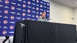 Indiana Fever head coach Stephanie White speaks to reporters after Fever lose to Las Vegas Aces