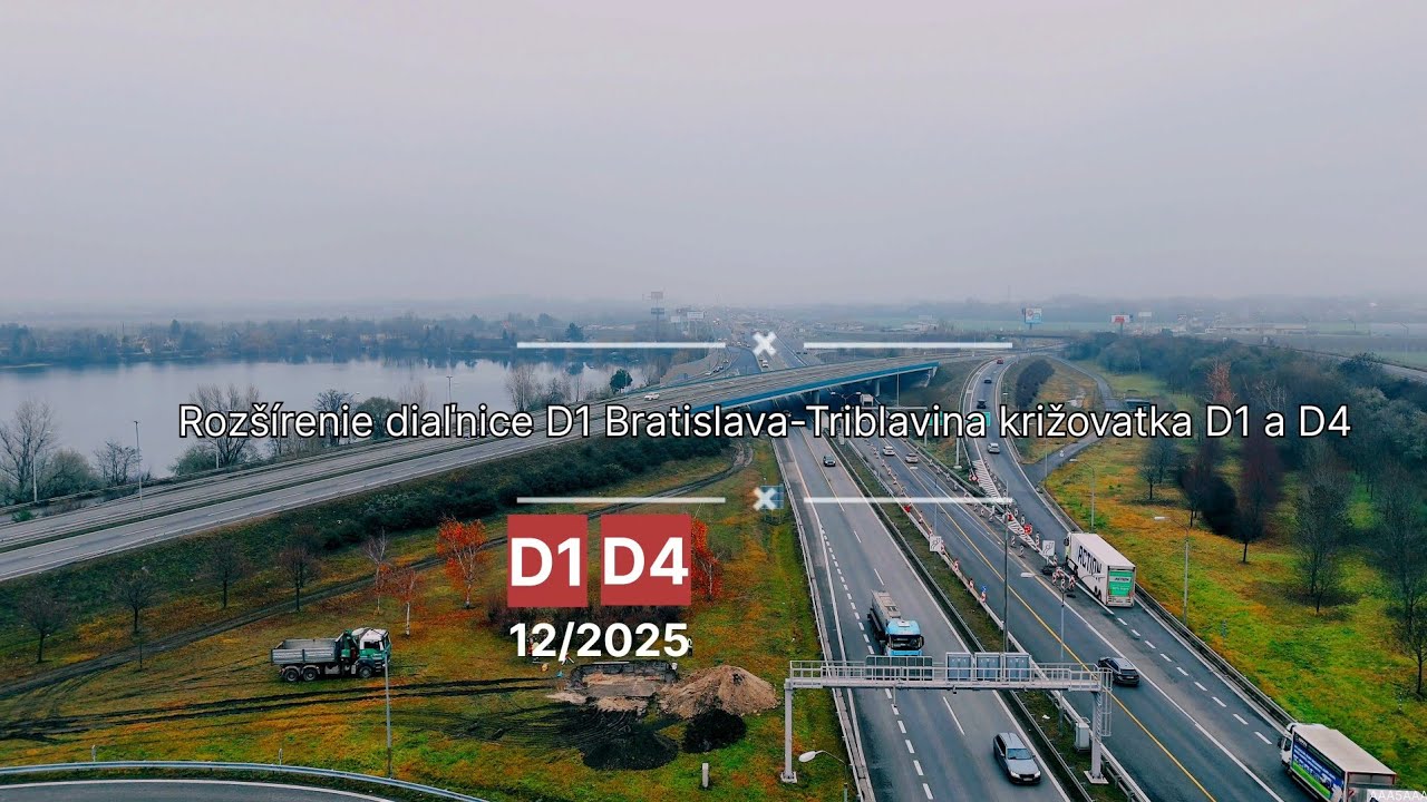 Вид на строительство продолжения автомагистрали D1 Братислава – Триблавина и развязки D1/D4 (дека...