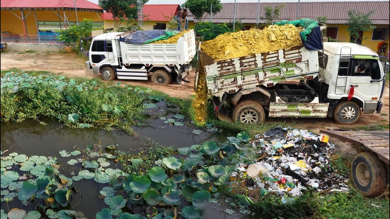 First Started New Project!Dump Truck pouring Land Delete Pond,By use Dozer D20Komats'u Pushing Soil 