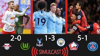 RB Leipzig 2 - 0 Wolfsburg; Lille 5  -  1 PSG; Crystal Palace 1 - 3 Manchester City; simulcast.