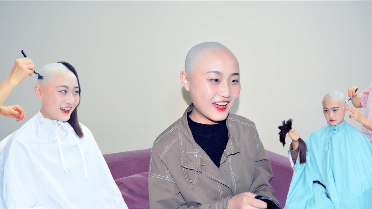 漂亮妹妹越紫欣快樂的剃光頭，先剃一個陰陽頭 把左邊刮的乾淨 再剃右邊 刮的雪亮之後用水沖洗光頭 真心不錯。