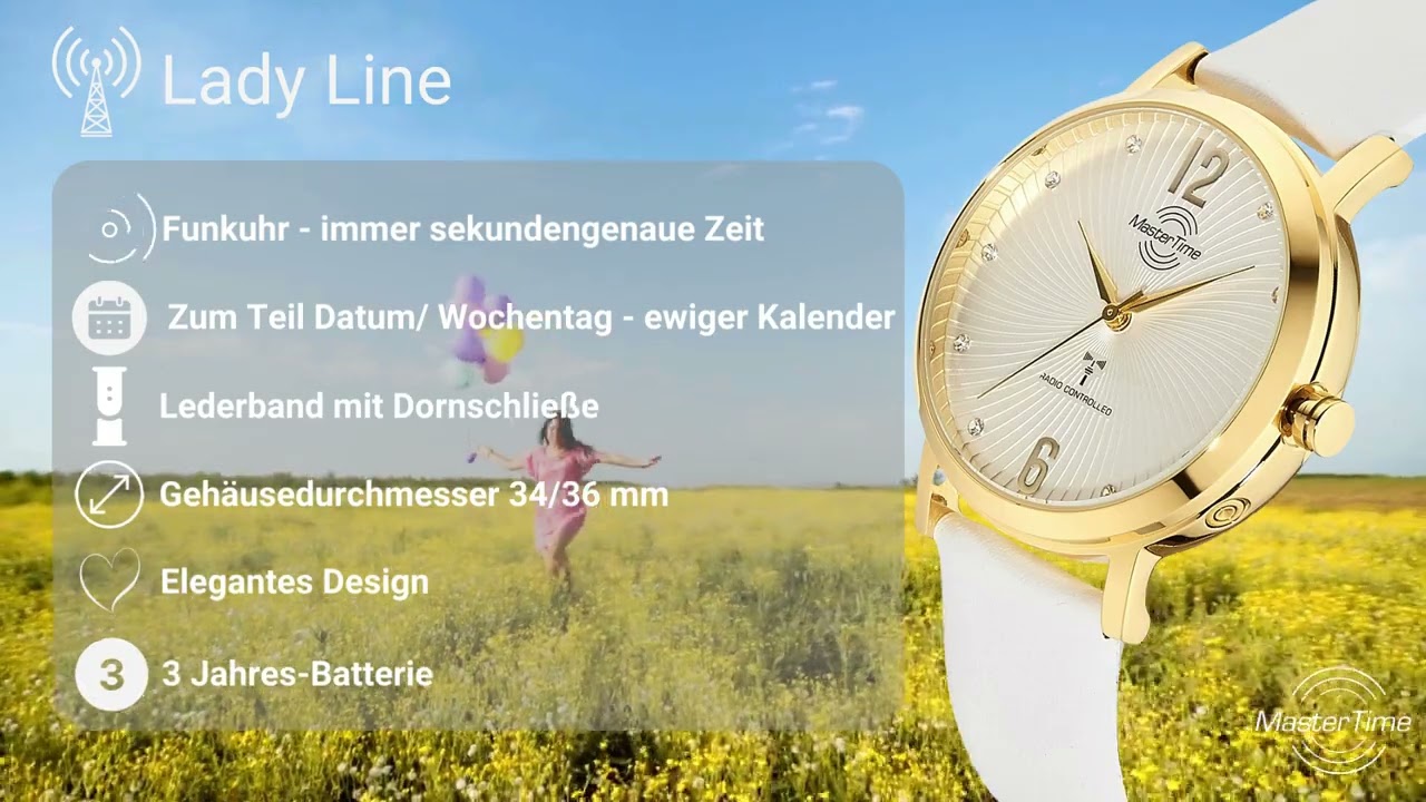 Master Time - Lady Line - Damen Funkuhren mit Lederarmband, Funkgesteuerte Zeitumstellung