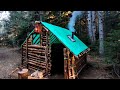 Building complete and warm survival shelter / Log Cabin Building in the Woods - Off Grid Living