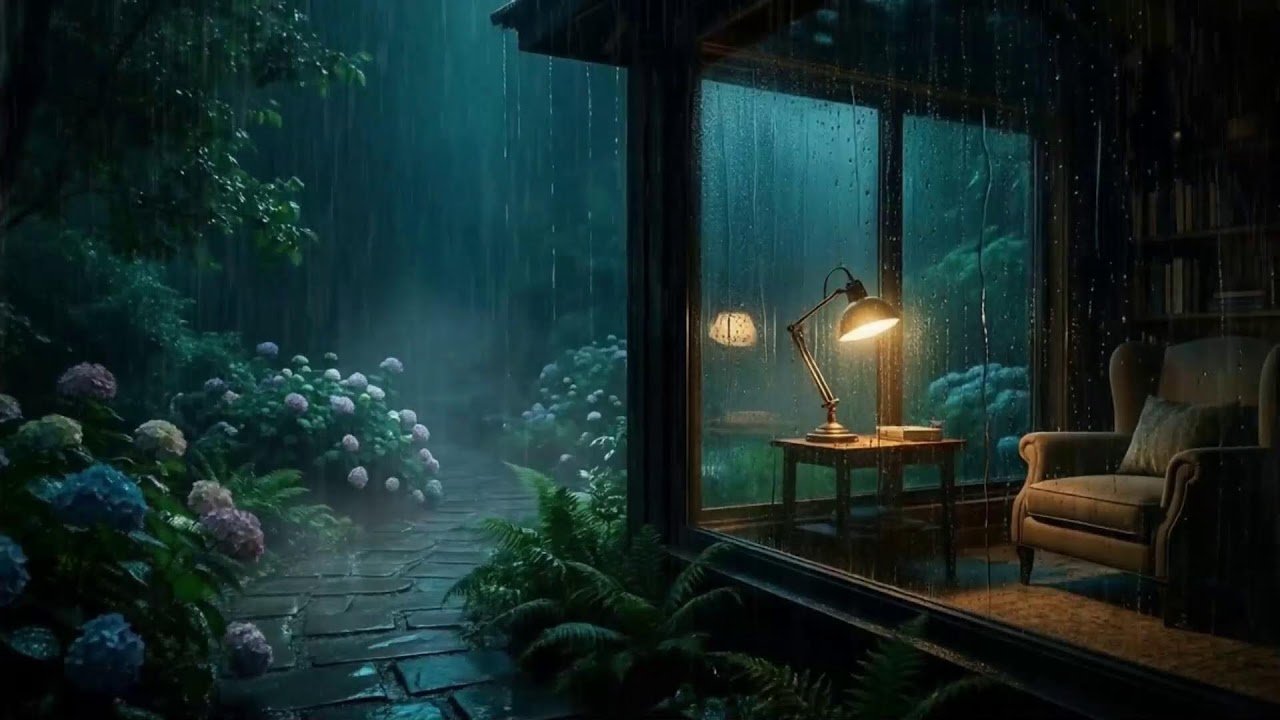 Gentle Midnight Rain at Garden View 🌧  | Cozy Night JAZZ Soul  Sounds for Sleep & Study