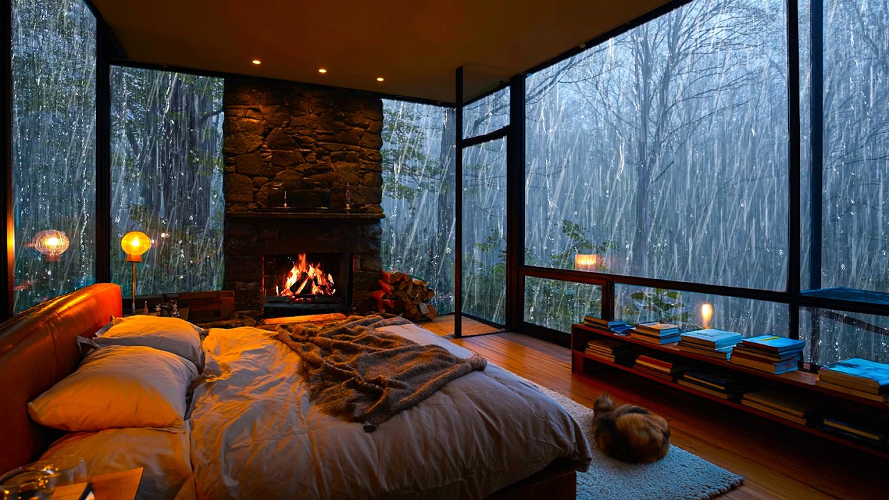 24 Stunden Naturklang Regen und ein warmer Kamin 💤 Perfekte Atmosphäre zum Einschlafen