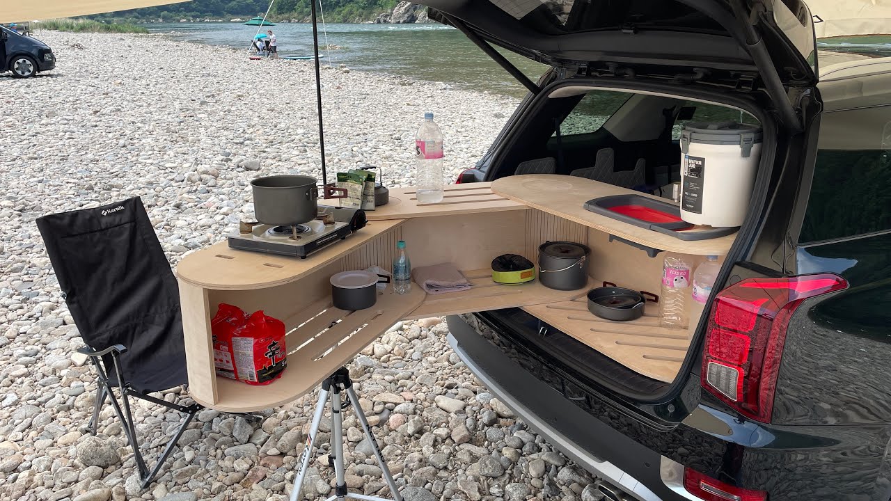 [woodworking] Swing & Folding Kitchen for SUV Car Camping (with