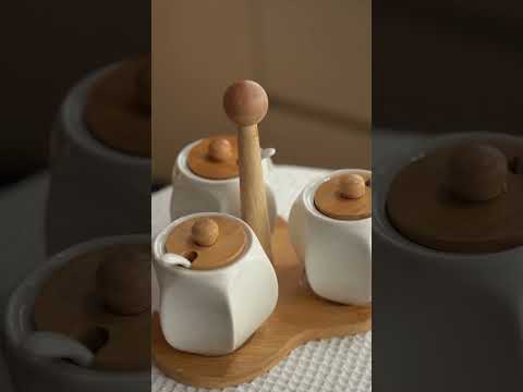 Набір для соусів Lugi дерев'яна підставка 3шт 200мл керамічні ложки, баночки спецій кухонні ємності приправи кришки, видео 1