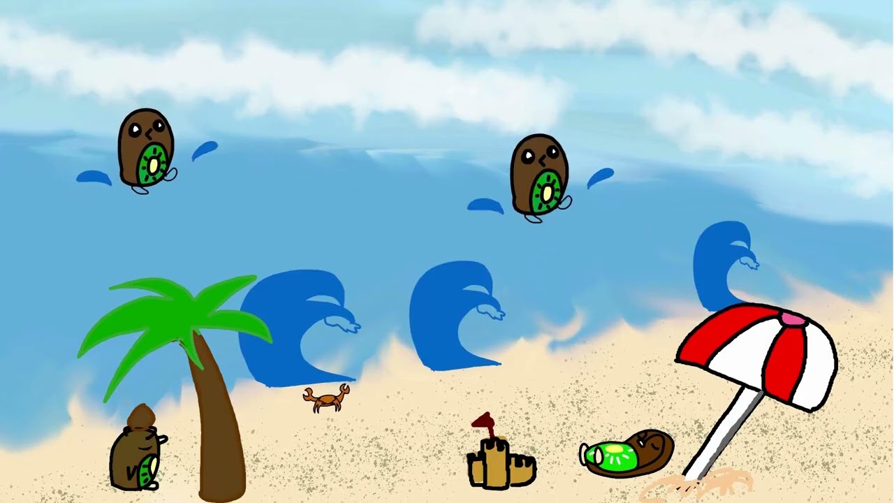 Magical realism kiwi penguins on a beach animation with piano full color