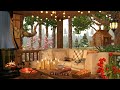 Cozy treehouse in spring morning ambience with relaxing birdsong and outdoor fireplace