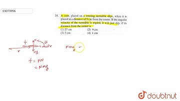 A coin, placed on a rotating turntable slips, when it is placed at a distance of `9cm`